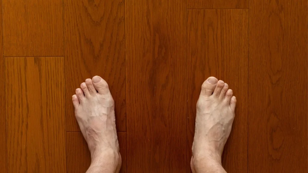 Top-down view of bare flat feet on a wooden floor, demonstrating arch collapse and pes planus.
